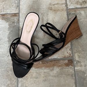 ELIE TAHARI Black Leather Strappy Wedge Heels